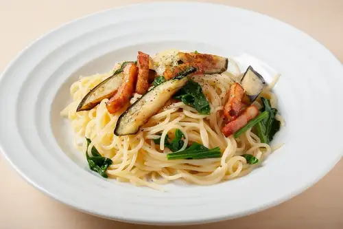 Eggplant, bacon, spinach