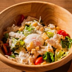 Caesar salad with steamed chicken and soft-boiled egg