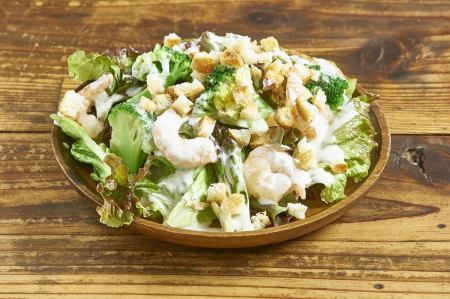Homemade croutons and small shrimp Caesar salad
