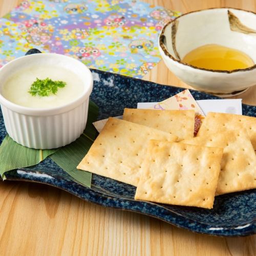Saga soy milk cheese tofu with crackers, honey or Kyushu soy sauce