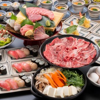 ★2.5 hours all-you-can-drink included★ Black Wagyu beef sukiyaki hotpot, tempura and premium sushi course [8 dishes total 6,600 yen]