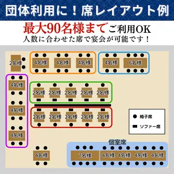 店内には2名様・4名様・6名様で利用できるテーブルをご用意しております。こちらのレイアウト図の中で、囲われているお席は結合が可能!人数に合わせてテーブルを調整させていただきます。また、個室のお席をご用意しておりますので、プライベート感のある空間で宴会も可能です♪