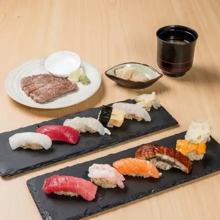 【本格寿司・ステーキコース 6,000円】赤酢使用本格寿司10貫と和牛のステーキのプラン