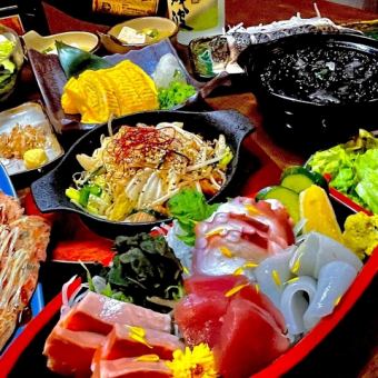 ◆当日予約OK◆≪4500円コース≫お刺身盛りやホルモン鉄板焼きなど全10品+3時間飲み放題付き