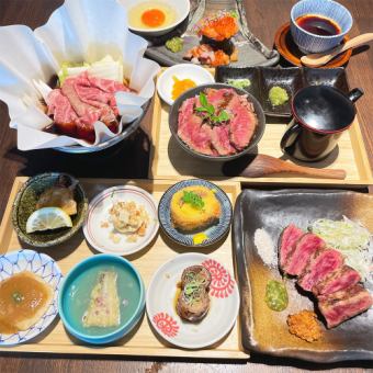 ★彩り前菜6種とA5和牛ステーキ・すき焼き・肉まぶしのコース120分【飲み放題込】8800円