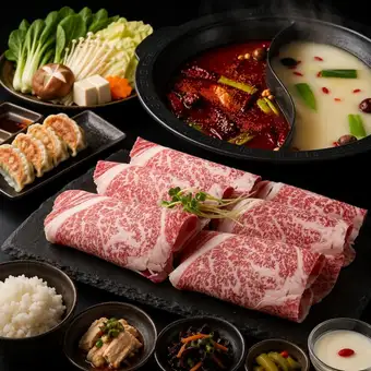 【특선 Lunch Course】 서리 내리기 흑모 일본 소 샤브 불 냄비 7품 점심 코스