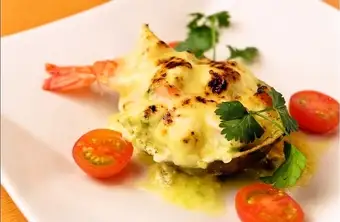 Shrimp, avocado, and cheese gratin