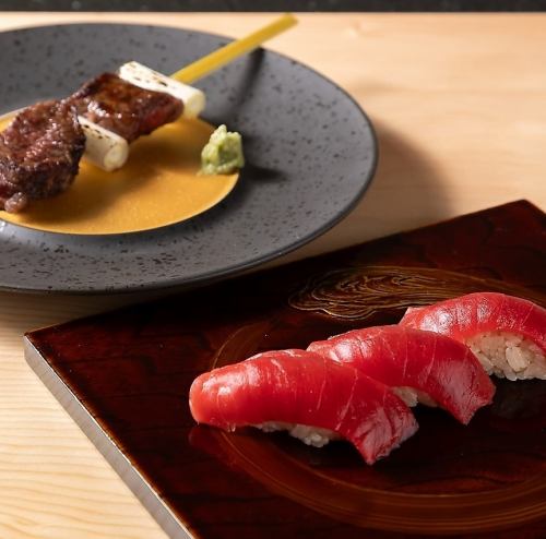 [Value set] Beef skewers and tuna sushi (3 pieces)