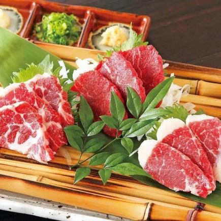 ☆3時間飲み放題付き【全11品 6000円】食べ比べ熊本産馬刺し霜降り&ユッケ 贅沢プラン《歓迎会》