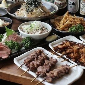2 hours and 30 minutes of all-you-can-drink included [Popular course 5,000 yen] 4 types of skewers / 2 types of meat sashimi / stew / fried food, etc. Volume ◎