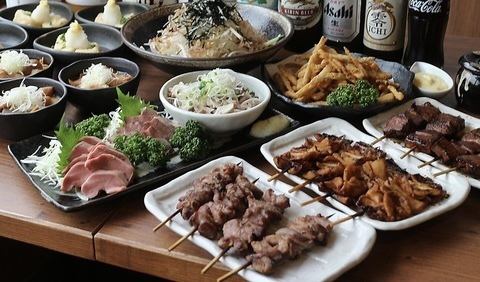 2 hours and 30 minutes of all-you-can-drink included [Popular course 5,000 yen] 4 types of skewers / 2 types of meat sashimi / stew / fried food, etc. Volume ◎