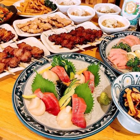 2 hours 30 minutes of all-you-can-drink included [Popular course 5000 yen] 4 types of skewers/2 types of meat sashimi/stew/fried food etc.