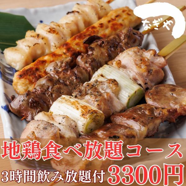 【3小时生鸡肉自助餐】“土鸡自助套餐”从炭火烤鸡肉串到炸鸡自助餐！共8道菜品：4,480日元⇒3,300日元日元