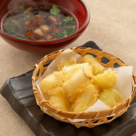 長ねぎの天婦羅　鴨つけ汁