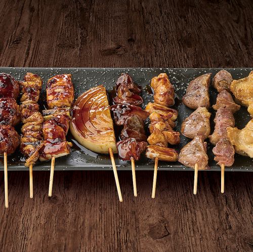 Assorted skewers (9 skewers each of green onion, liver, onion, zuri, heart, thigh, skin, breast, and meatball)