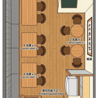 10名様からご案内可能な中規模貸切も承っております。貸切できるフロアは扉もあって完全個室！人気のフロアですので、お問い合わせはお早めに！
