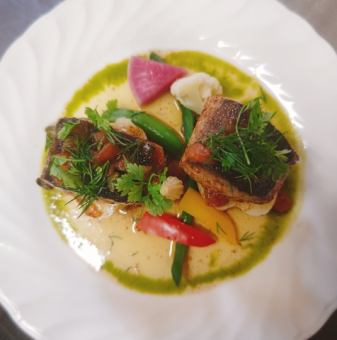 Norwegian salmon meuniere with burnt butter sauce and parsley-flavored oil