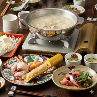 <<2.5H飲放>>【うまかたい選べる鍋コース】選べる博多名物2大鍋やごま鯖とお刺身3種盛合せ等9品