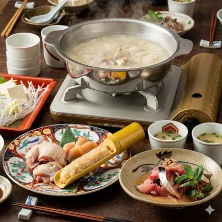 <<2.5H飲放>>【うまかたい選べる鍋コース】選べる博多名物2大鍋やごま鯖とお刺身3種盛合せ等9品