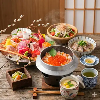 <<2.5H飲放>>【うまかたい釜飯コース】漁港直送のお刺身3種盛合せや鮭といくらの豪華釜飯など9品