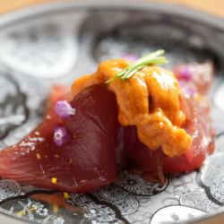 Marinated bonito with sea urchin