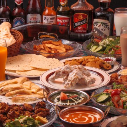 인기 메뉴 뷔페! 튀김이나 대인기의 치즈난을 포함한 전 9품 2시간 음료 무제한 코스 4250엔