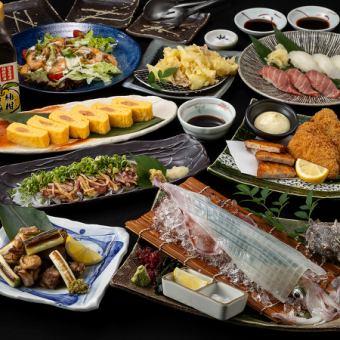 九州名物【2】活イカ姿造りや親鶏たたき、地鶏ねぎ焼等九州郷土料理コース《120分飲み放題》