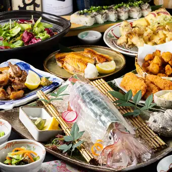 秋宴会【月見(つきみ)】活イカや親鶏バラ焼き、天ぷらや炙り秋刀魚棒寿司《120分飲み放題付》