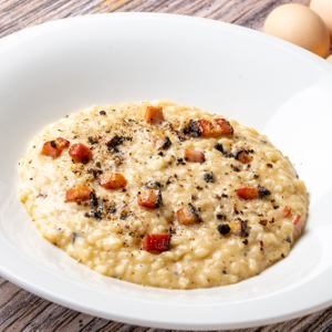 Carbo Risotto with "Farmer's Bacon" and Black Truffles