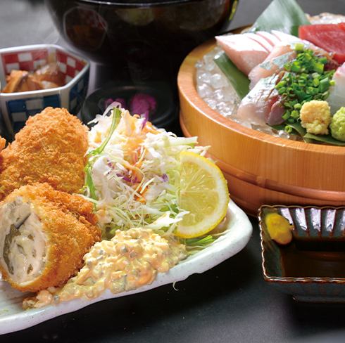 カキフライとお刺身定食