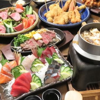 For various parties!! [2 hours all-you-can-drink included] Assortment of 5 types of sashimi/Japanese beef steak/assorted kushikatsu (8 items in total) 4,400 yen