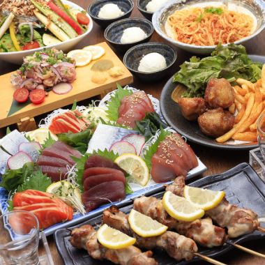 【生ビール込！90分飲み放題付】あて3種盛＆自慢の焼鳥etc..食後のデザート付き全7品◆4000円