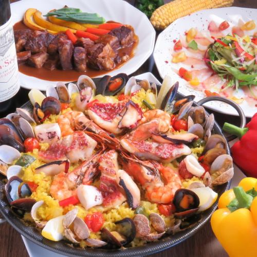 [For lunch] 2 hours all-you-can-drink Nagasaki prefecture Wagyu beef A5 sirloin/special seafood paella, etc. 8 dishes total 7000 yen