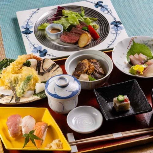 Miyabi Gozen ~ A gozen with beef steak and sushi