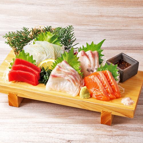 Assortment of 5 types of sashimi including bluefin tuna