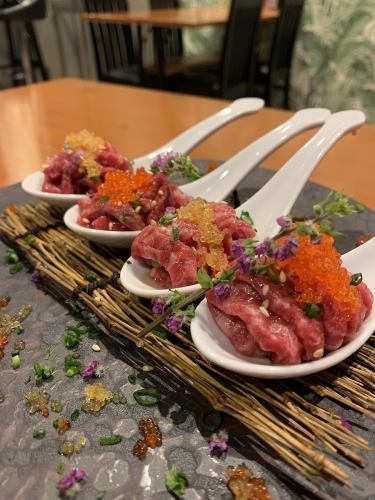 Colorful bite-sized wagyu beef yukke