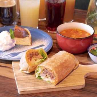 「朝食」メヒカーノ セット！！タコスorブリトー＋サイド＋デザート＋ソフトドリンクバー付！！