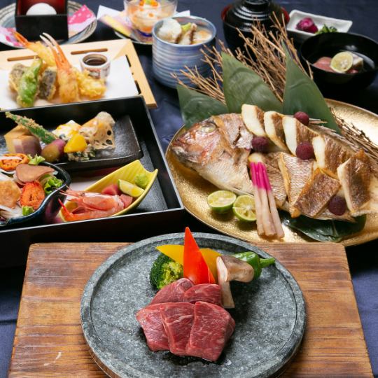 Meeting ◇ ``Miyabi Course'' with 9 dishes including roasted sea bream and stone grilled Japanese black beef peach, etc., one drink included