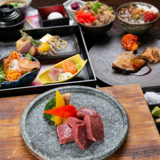 [Sunday to Thursday] Includes 2 hours of all-you-can-drink! 8 dishes including stone-grilled domestic black wagyu beef thigh and 2 kinds of fresh fish "Mine Course" 5,500 yen