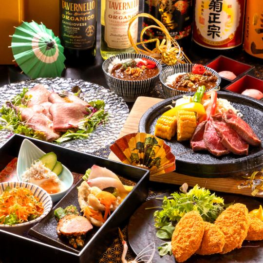 宴會佳選! 8道菜式的“礦山套餐”,包含國產牛臀肉牛排和和牛炸豬排,以及2小時暢飲,僅需5500日元。 *週五及假日不提供。