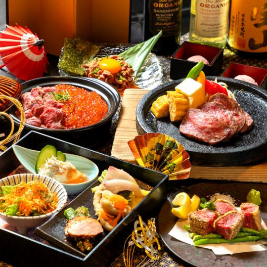 非常適合招待客戶或商務晚宴! 「椿套餐」包含仙台牛肉石烤、草飼牛裡肌排等 8 道菜,以及 2 小時暢飲,價格為 8,800 日圓。