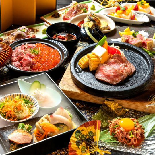 豪華晚宴♪ 11道菜“盛宴套餐”,包括仙台牛肉石烤、炙烤和牛壽司、稀有炸豬排等,2小時暢飲,價格為12100日元。