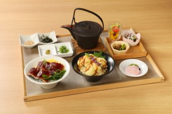 Two kinds of eel and conger eel tempura bowl set with Japanese-style soup stock