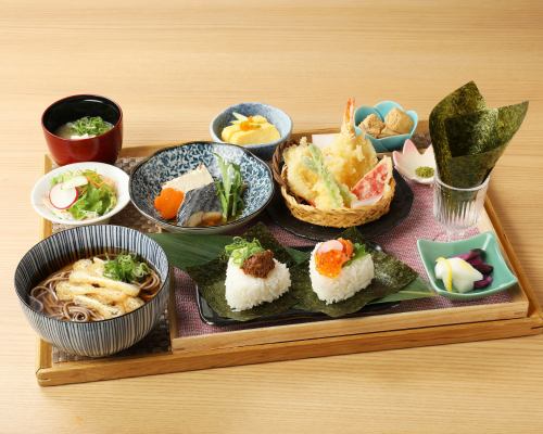 Colorful rice balls and soba set meal