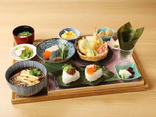 Colorful rice balls and soba set meal