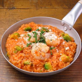 Tomato cream risotto with plump shrimp and avocado