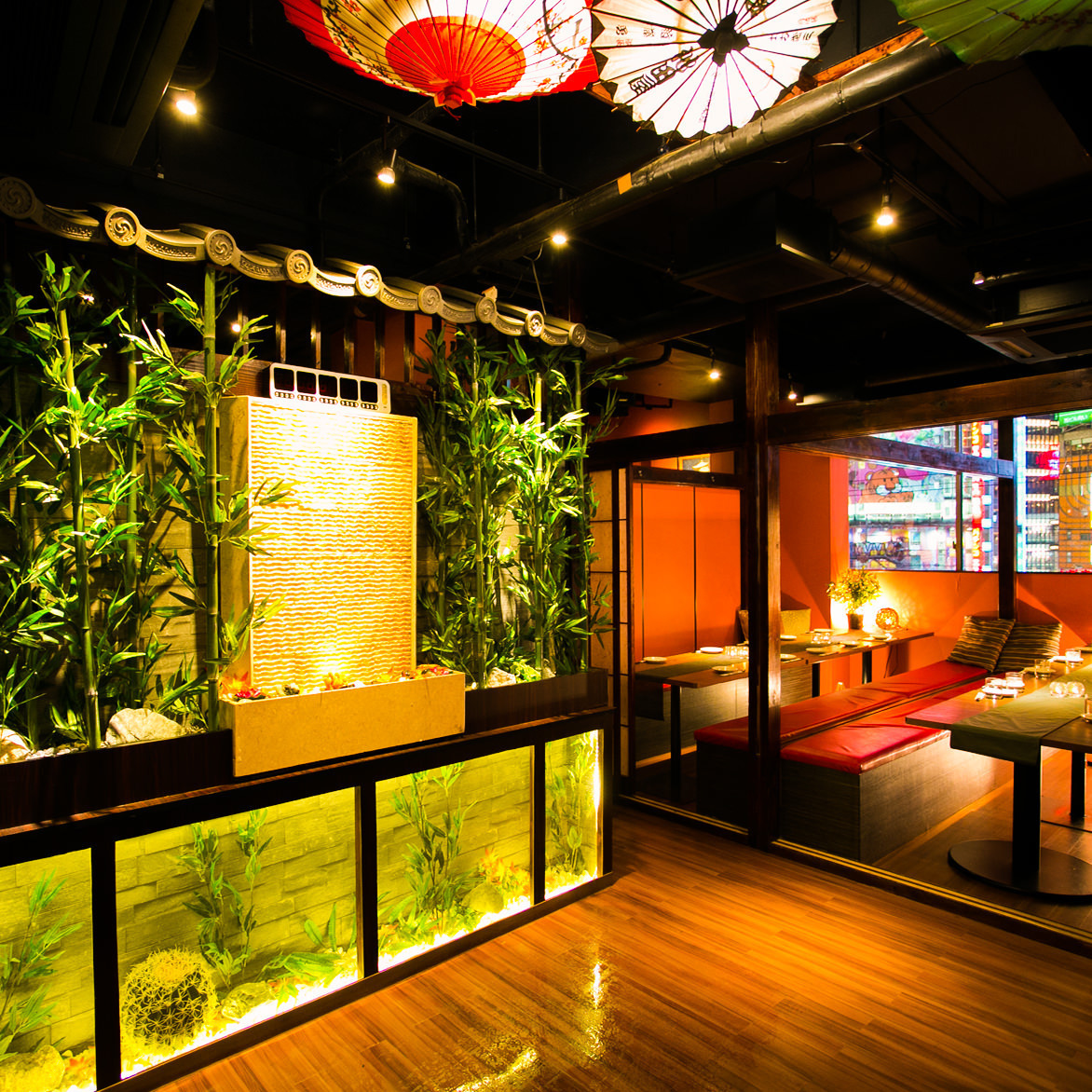 Enjoy the charming Japanese atmosphere inside our restaurant! Our private rooms with doors are perfect for groups of 2 or more.