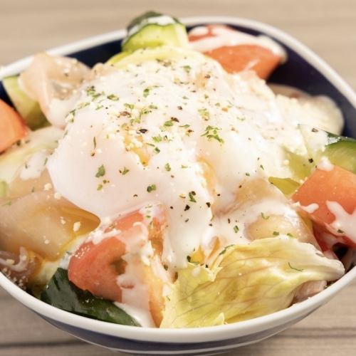 Raw ham warm egg Caesar salad