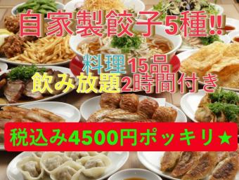 [Limited-time offer: Satisfying banquet plan★] Gyoza's ultimate course! 15 dishes, 2 hours of all-you-can-drink, 4,500 yen (tax included)