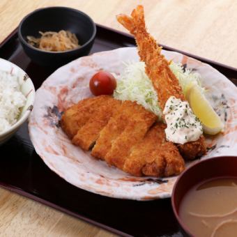 Large fried shrimp and pork cutlet set meal
